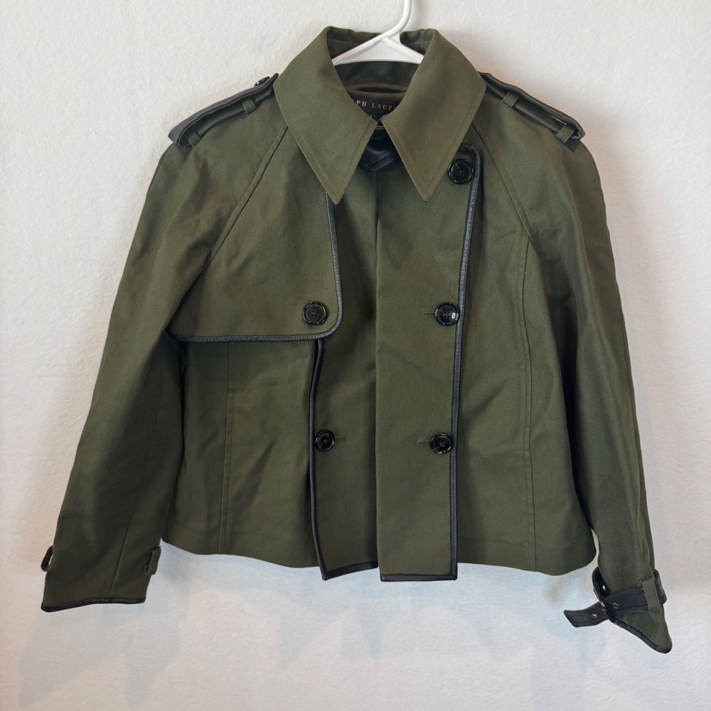 Ralph Lauren Black Label Olive Green Leather Trim Cropped Trench Jacket Italy 4